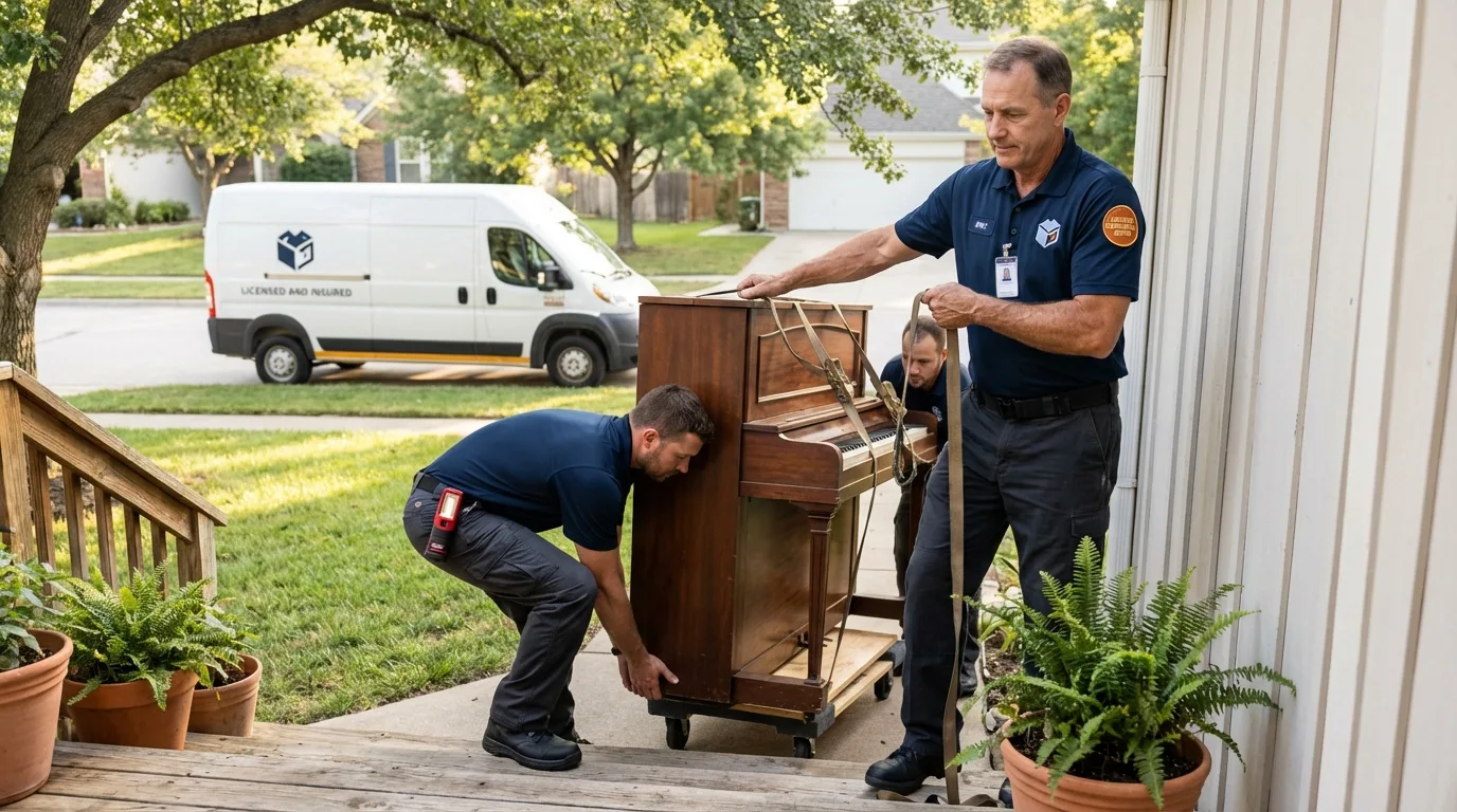 Licensed piano movers securing grand piano in Odem, TX
