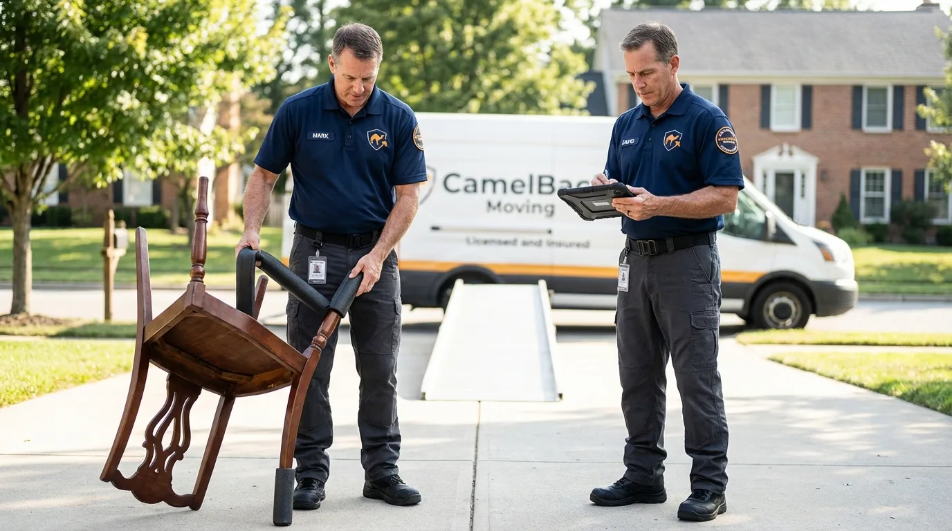 Movers inspecting furniture for damage prevention before loading in Odem, TX