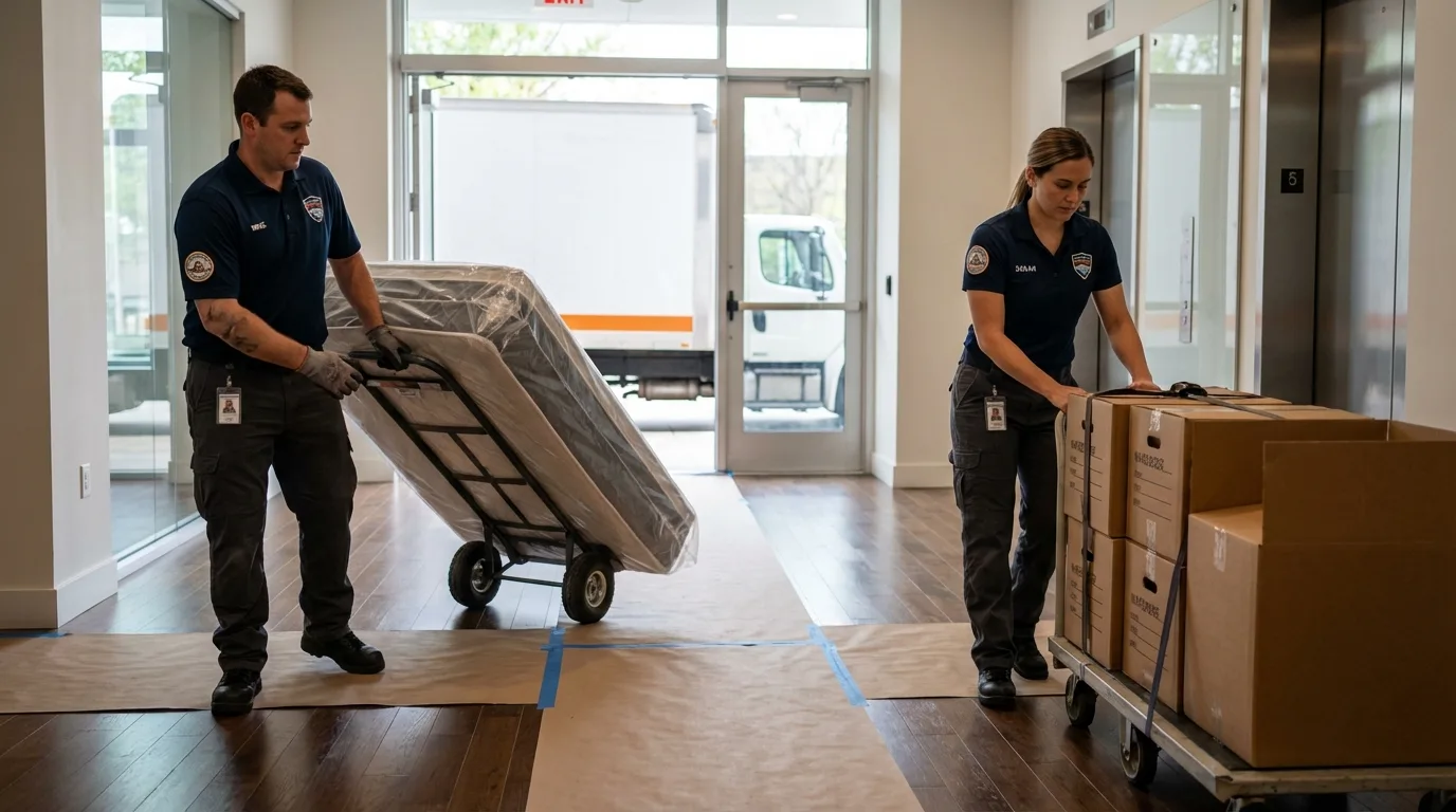 Professional apartment movers loading elevator in Odem, TX
