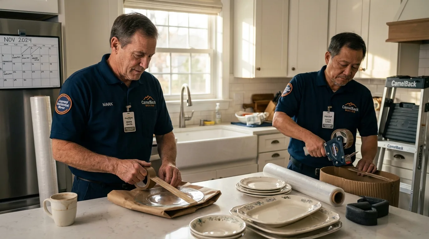 Professional crew packing kitchen dishware in Odem, TX